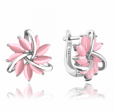 MINET stříbrné náušnice kytičky s růžovým kočíčím oken
