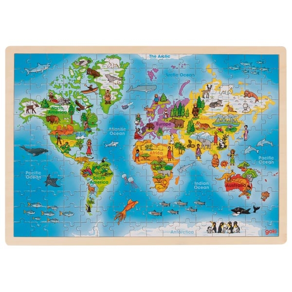 Puzzle na desce - Velké, Mapa světa, 192ks (Goki)