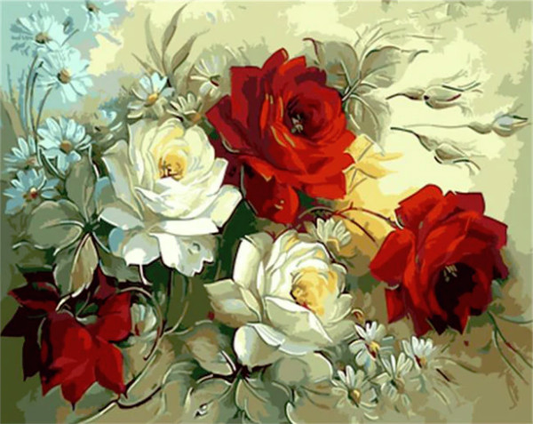 Malování podle čísel Růže s kopretinami