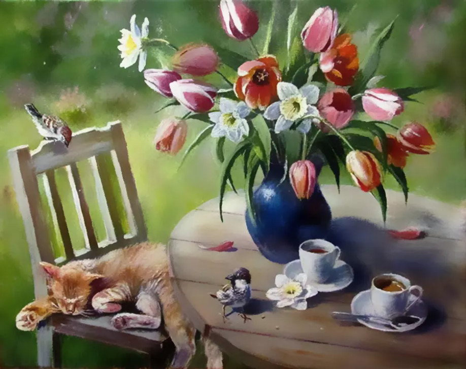 Malování podle čísel Tulipány s kočičkou