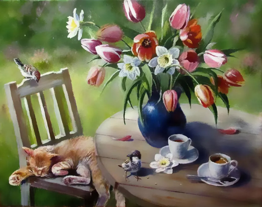 Malování podle čísel Tulipány s kočičkou