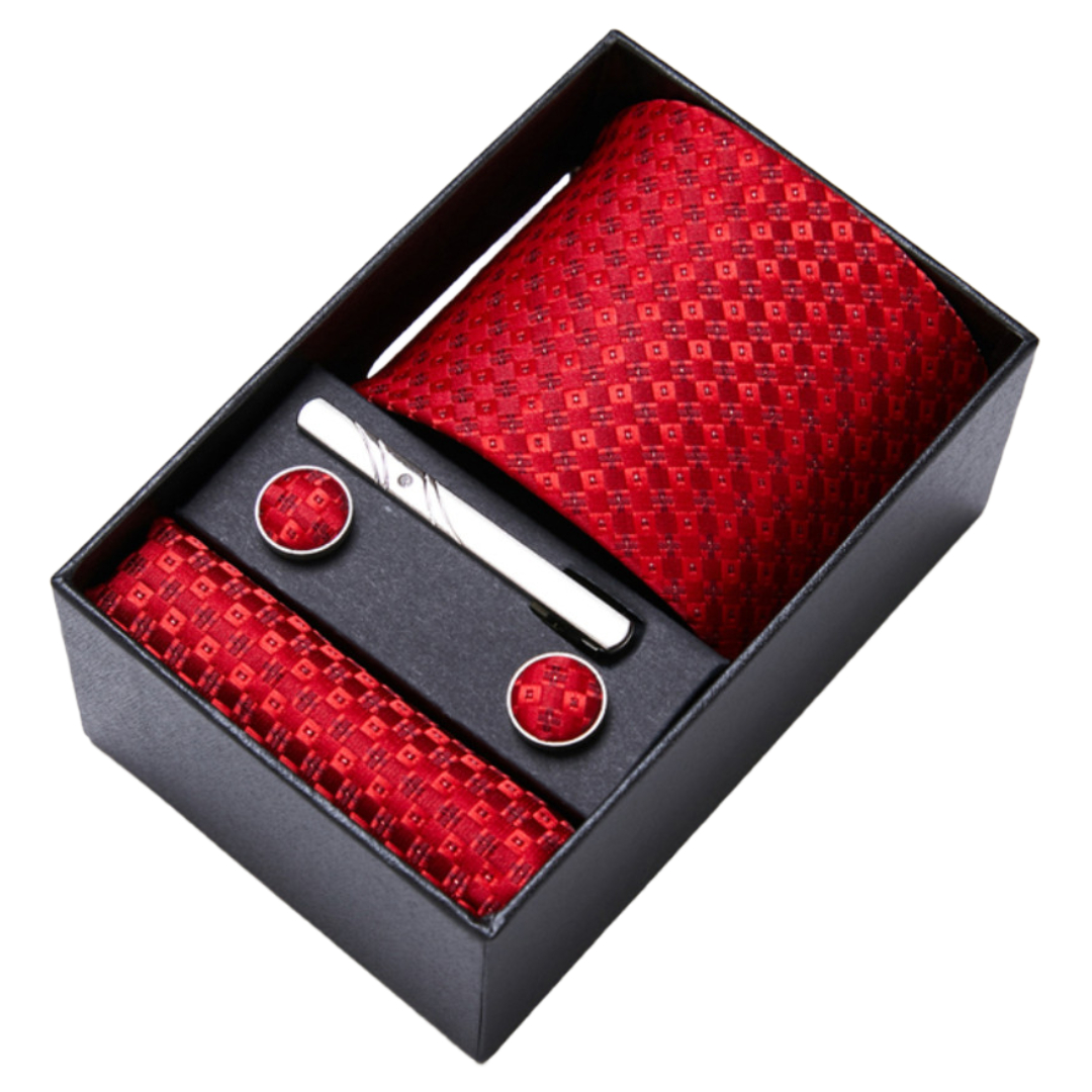Amparo Miranda® Dárková sada kravata, kapesníček, spona a manžetové knoflíčky A80, Barva červená