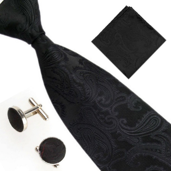 Amparo Miranda® Dárková sada kravata, kapesníček a manžetové knoflíčky AM202, Barva černá