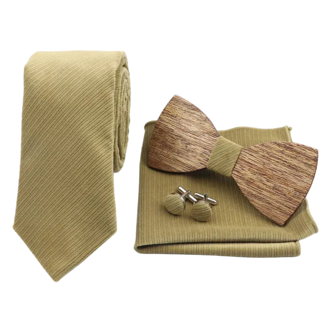 Amparo Miranda® Dřevěný motýlek s kravatou, kapesníčkem a knoflíčky WB2