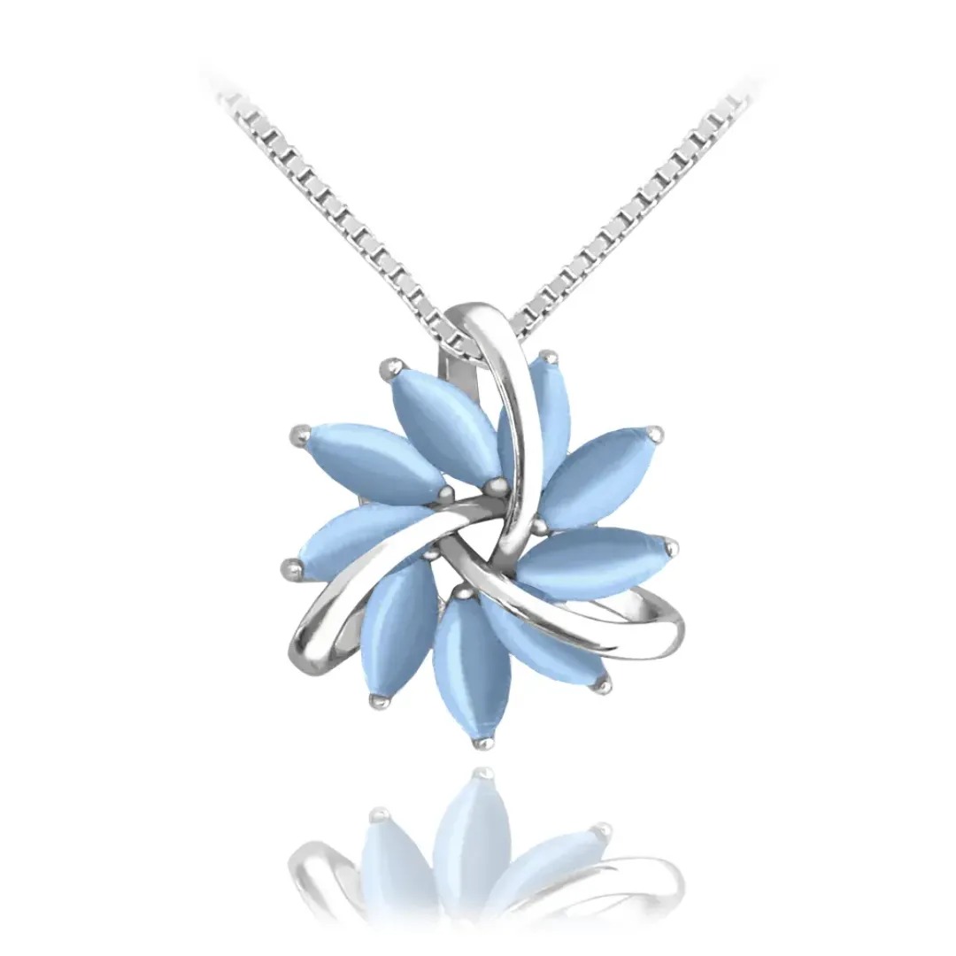 Minet Elegantní stříbrný náhrdelník kytičky s modrým kočíčím oken JMAS0174BN45