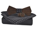 Dřevěný motýlek Miranda s kapesníčkem a manžetovými knoflíčky SET-026