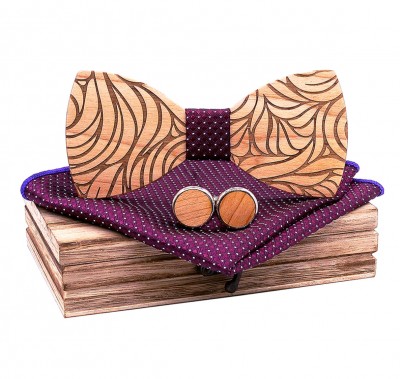 Dřevěný motýlek s kapesníčkem a manžetovými knoflíčky T264-C1