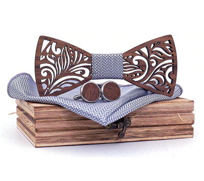 Dřevěný motýlek s kapesníčkem a manžetovými knoflíčky T205-C6