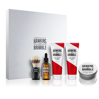 Hawkins & Brimble vyživující olej na vousy a knír 50 ml + krém na holení 100 ml + balzám po holení 125 ml + pleťový peeling 125 ml + štětku na holení pro muže dárková sada