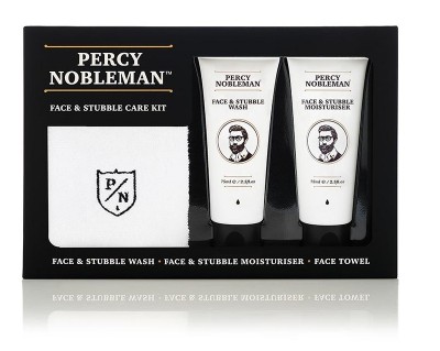 Percy Nobleman Face & Stubble čisticí gel na obličej a vousy 75 ml + hydratační krém na obličej a vousy 75 ml + ručník na obličej dárková sada