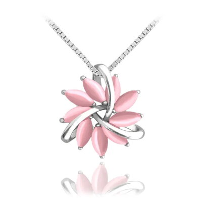 Minet Elegantní stříbrný náhrdelník kytičky s růžovým kočíčím oken