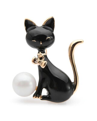 Brož Kočička s perlou černá