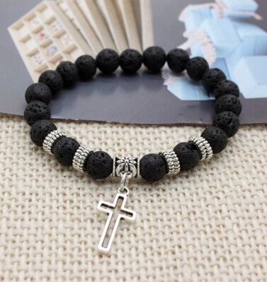 Lávový náramek Stone Beads Cross Black