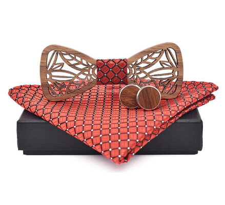 Dřevěný motýlek s kapesníčkem a manžetovými knoflíčky RED033