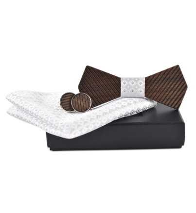 Dřevěný motýlek Miranda s kapesníčkem a manžetovými knoflíčky SET-035
