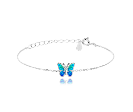 MINET Třpytivý dětský stříbrný náramek MOTÝLEK s modrým opálem