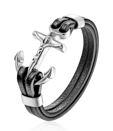 Kožený náramek s kotvou a křížem Black-Silver PG529