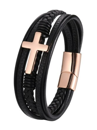 Kožený náramek Rose Gold Cross S150 černý