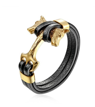 Kožený náramek Viking Vlci Gold
