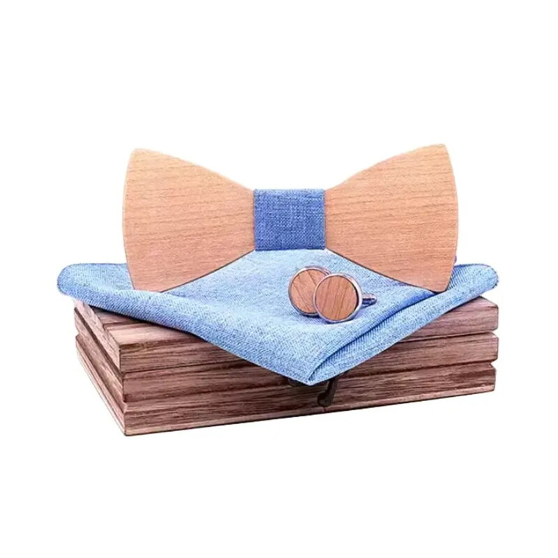 Dřevěný motýlek Miranda s kapesníčkem a manžetovými knoflíčky T250-c1 Dřevěný motýlek Miranda s kapesníčkem a manžetovými knoflíčky T250-c1