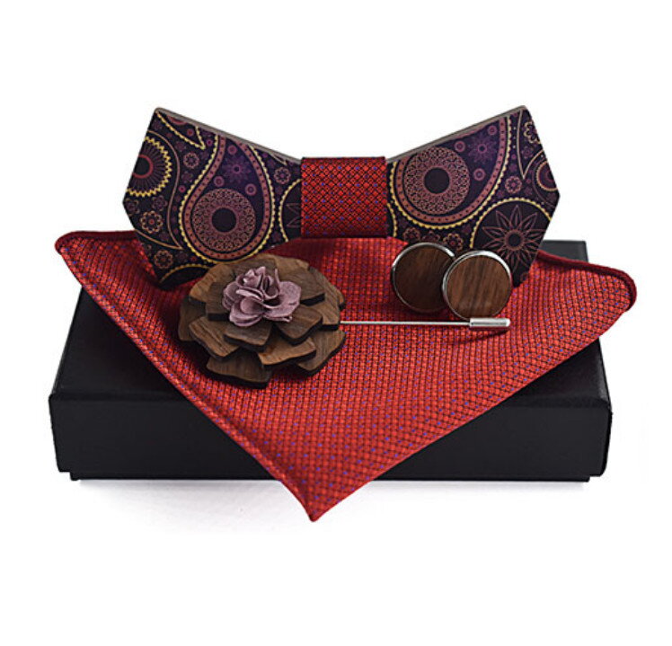 Dřevěný motýlek s knoflíčky, kapesníčkem a broží Miranda Jacquard Dřevěný motýlek s knoflíčky, kapesníčkem a broží Miranda Jacquard